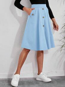 Falda evasé de un solo abotonado de un solo color, falda holgada de cintura alta hasta la rodilla con botones y bolsillos para señoras, elegante, de uso casual diario, para primavera/otoño, - Celeste - Ver 4