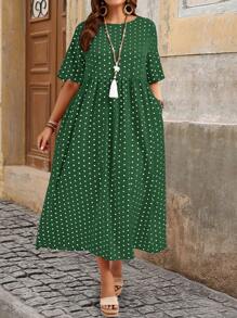 EMERY ROSE Plus Size Tie Front Short Sleeve Round Neck Dress, Minimalist And Fashionable For Summer - Dark Green - View 6