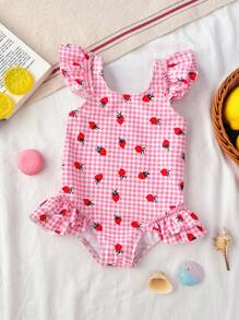 1pc Girls' Strawberry Gingham Print Ruffle Trim One-Piece Swimsuit - Pink - View 1