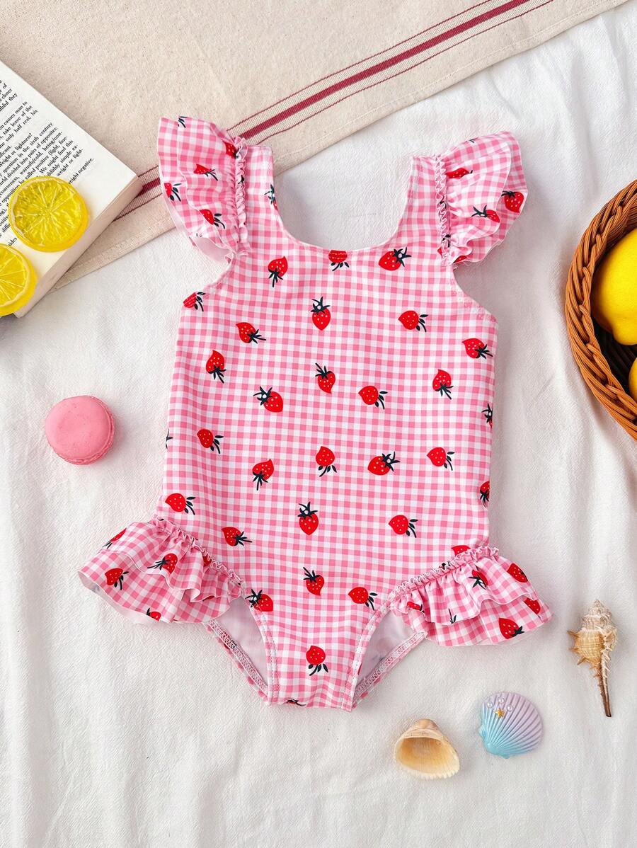 1pc Girls' Strawberry Gingham Print Ruffle Trim One-Piece Swimsuit - Pink - View 1