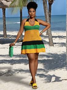 Slaydiva Plus Size Women Contrast Color Halter Hollow Out A-Line Dress, Suitable For Beach Vacation, Shopping, Party Winter Fall Autumn - Multicolor - View 2