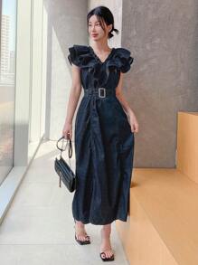 DAZY 夏季新款休闲舒适海滩度假音乐节牛仔连衣裙，荷叶边 - 藍色 - 查看 3