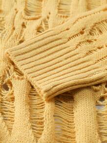 Manfinity CasualKnits Men's Solid Color Crew Neck Long Sleeve Distressed Sweater, Autumn/Winter Distressed Sweater Men - Yellow - View 3