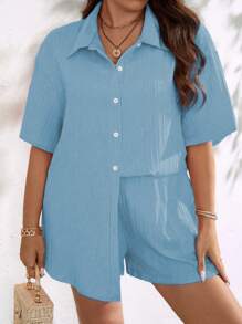 SHEIN Clasi 2pcs/Set Plus Size Women Solid Color Short Sleeve Button-Down Shirt And Shorts Set - Blue - View 3