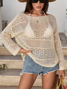 EURMUSE Women Frill Detailed Boho Beachwear Cover Up Summer Sweater Summer Tops Women Knit Tops Women S Sweaters Knit Sweater Women Summer Long Sleeve Tops - Beige - View 6