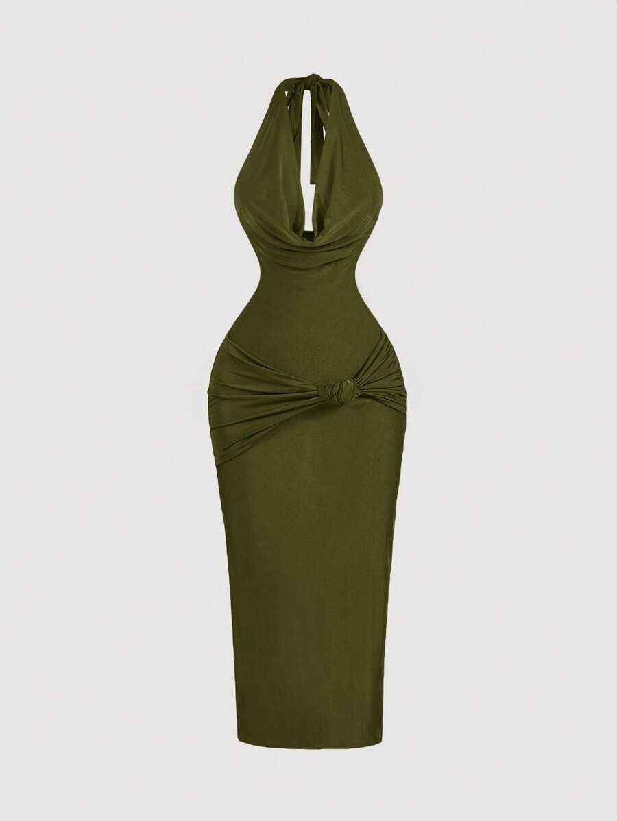 SHEIN MOD Women's Army Green Draped Neck Form-Fitting Midi Dress, Elegant Dress,Formal Dress,New Year's Eve Dress, Holiday Dress, New Year Vacation, New Year Party Women Dress,Masquerade Ball Dress - Army Green - View 1