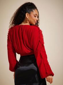 Vixey Plisse Ruffle Detail Long Sleeve Crop Blouse, Spring Outfits, Summer Outfits For Women, Easter Outfits - Red - View 3