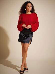 Vixey Plisse Ruffle Detail Long Sleeve Crop Blouse, Spring Outfits, Summer Outfits For Women, Easter Outfits - Red - View 4