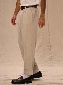 Tailored Double Belt Detail Straight Leg Turn Up Trouser - Khaki - View 3
