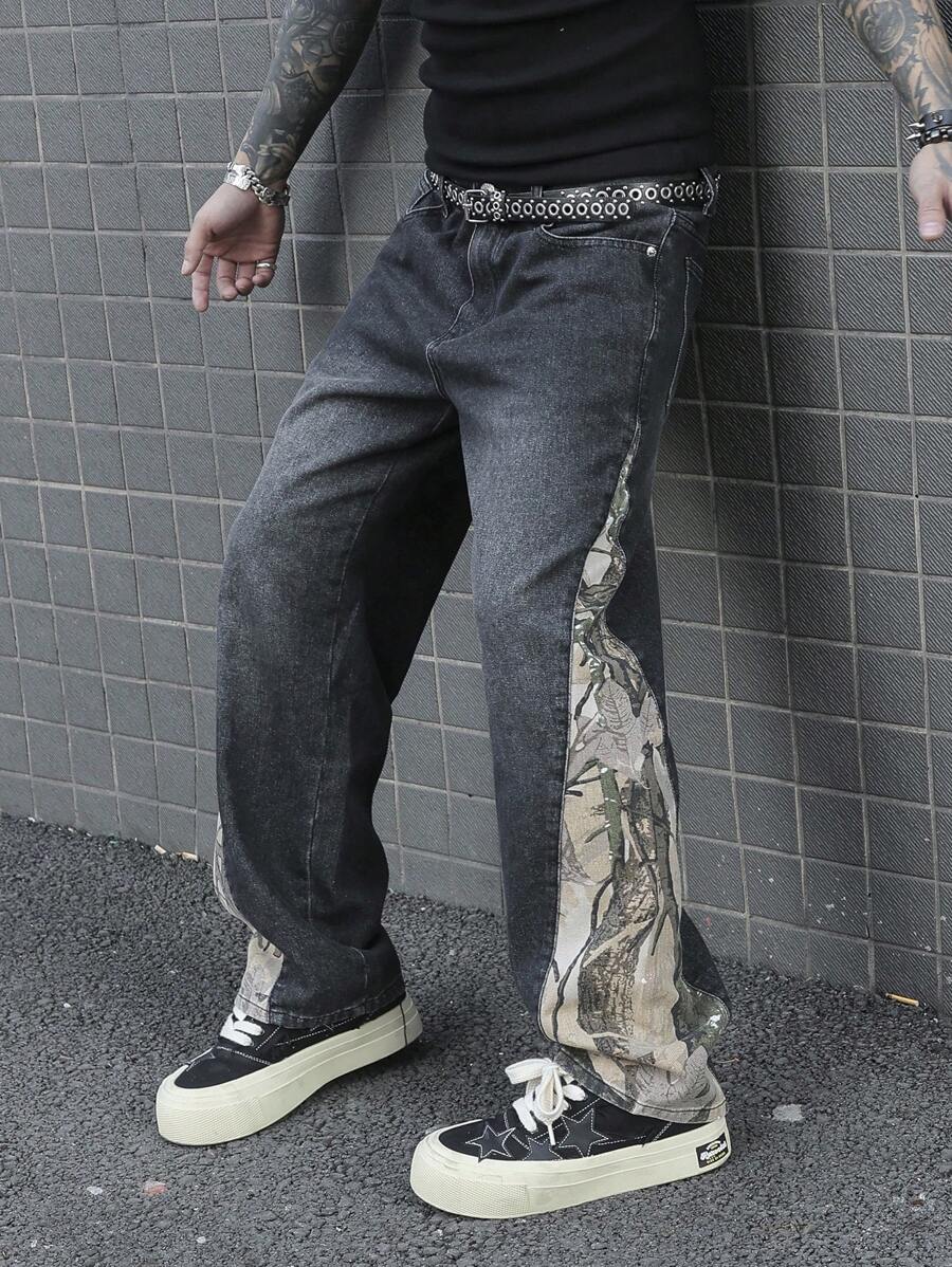 Manfinity EMRG Plus Size Men's Printed Patchwork Casual Denim Jeans - Black - View 1