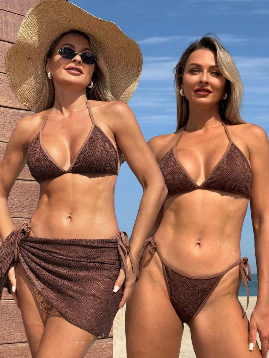 SHEIN Swim 3 件套女式蕾丝吊带比基尼套装和罩衫裙，适合海滩度假，性感 - 鏽棕色 - 查看 1