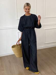 Livesso 女士圆领短袖连体裤，休闲都市街头牛仔连体裤 - 深色水洗藍 - 查看 8