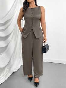 Firerie Conjunto de 2 piezas talla grande para mujer - Diseño de cargo con decoración de bolsillo falso, Blazer y pantalón con escote en V color beige para el Día de San Valentín, Conjunto informal para oficina/ir al trabajo