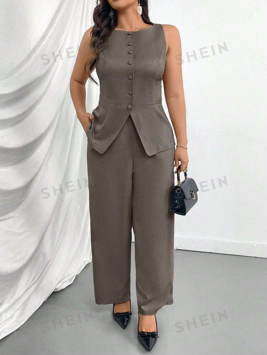 Firerie Conjunto de 2 piezas talla grande para mujer - Diseño de cargo con decoración de bolsillo falso, Blazer y pantalón con escote en V color beige para el Día de San Valentín, Conjunto informal para oficina/ir al trabajo