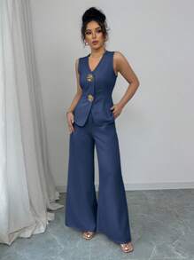 Selianne Bộ đồ vest công sở thanh lịch cổ chữ V màu trơn và quần ống rộng thường ngày cho quý cô - Màu xanh hải quân - Xem 5
