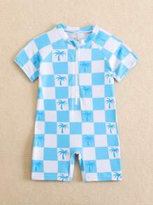 Baby Boy Printed Checker Board & Coconut Tree Pattern One-Piece Swimsuit, For Beach Vacation - Baby Blue - View 5