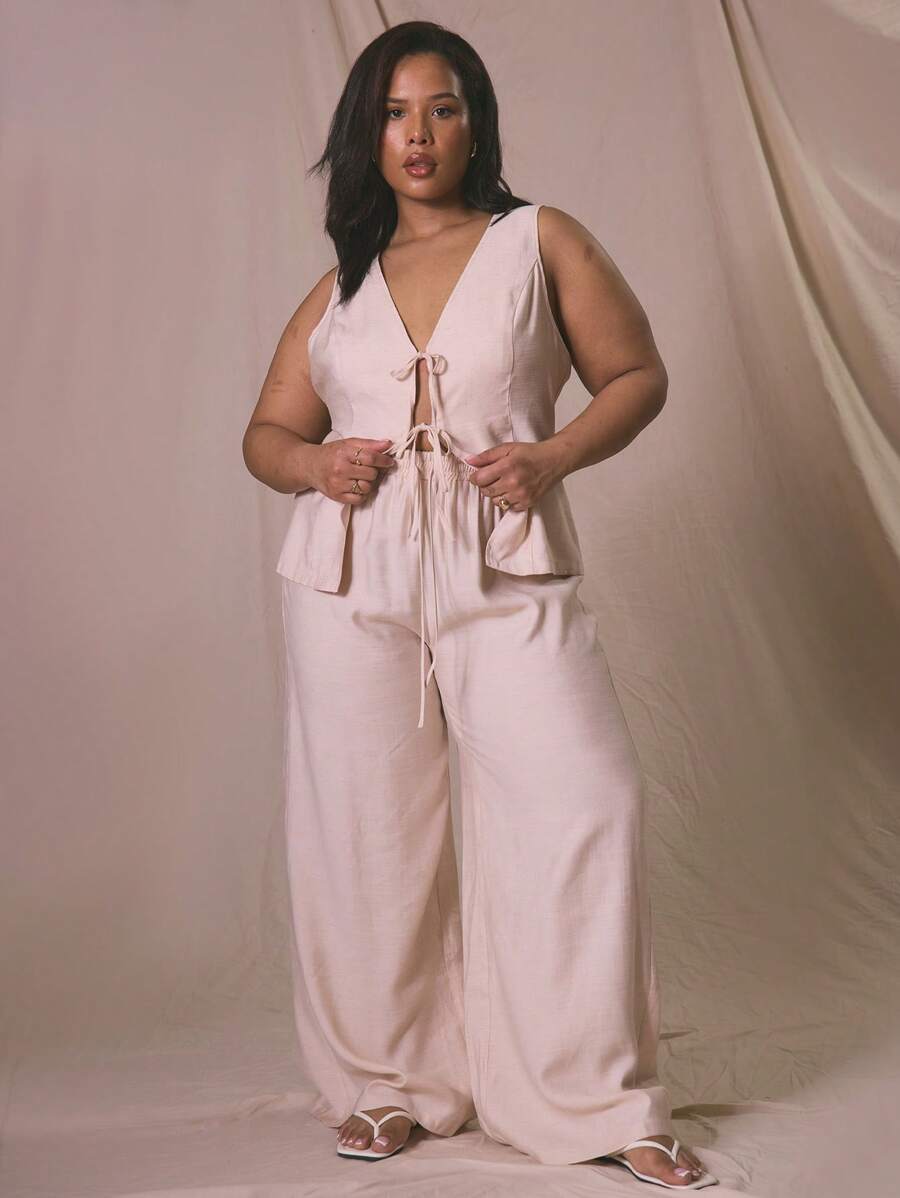 MUSERA 加大腰阔腿缎面长裤商务休闲毕业优雅正式早午餐亚麻日常穿着优雅秋冬秋季 - 卡其色 - 查看 1