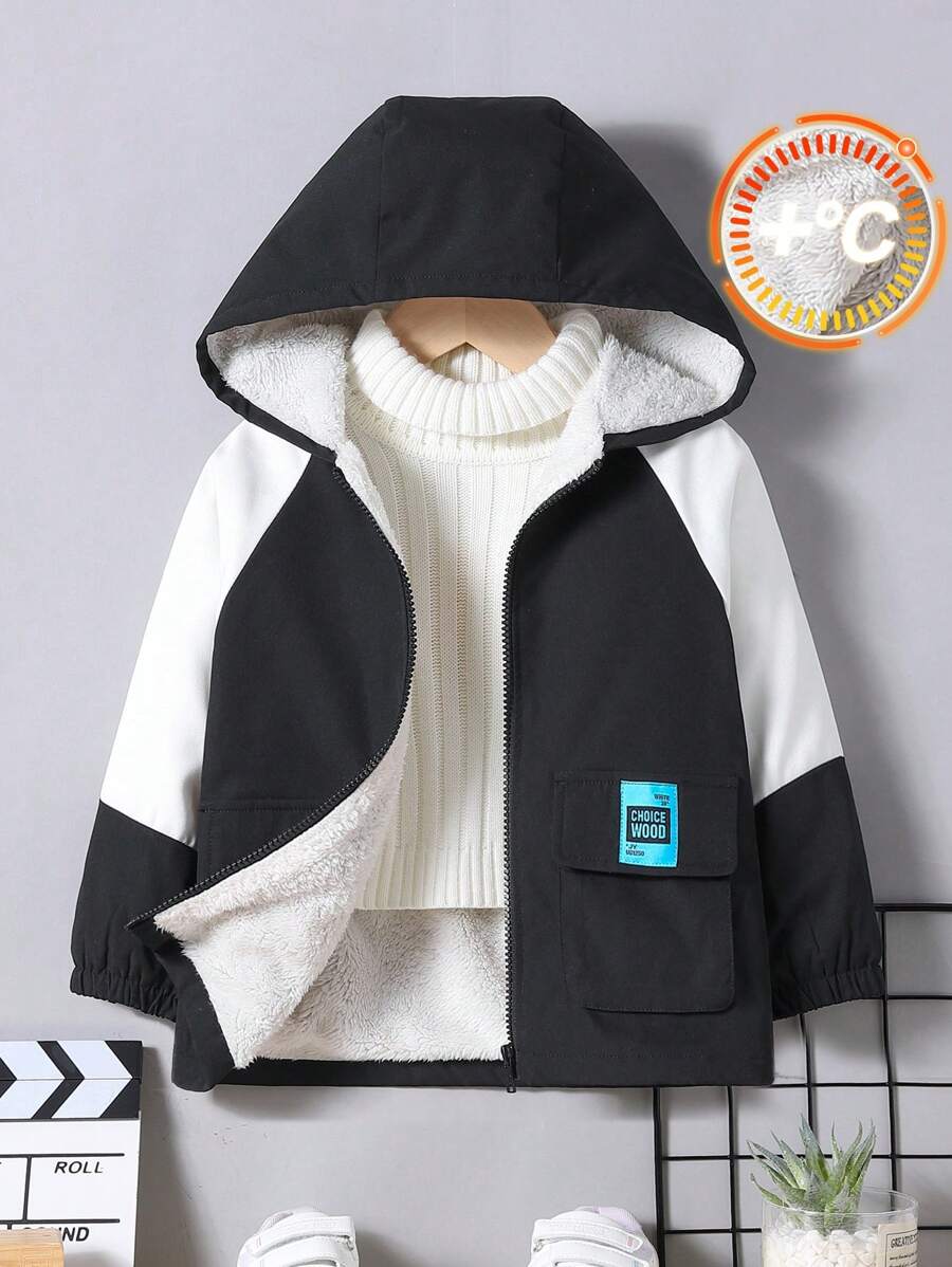 SHEIN Áo khoác trẻ em phong cách đường phố giản dị dễ thương 3d có túi, chữ dệt nhãn rộng rãi nhiều màu có mũ trùm đầu lót nhiệt, cho mùa thu đông - Đen và trắng - Xem 1
