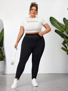 SHEIN CURVE+ Mallas ceñidas informales elásticas con pespuntes visibles para mujer tallas grandes, transpirables que absorben la humedad, para verano, con curvas, para vacaciones Hoho