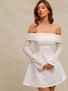 L'Amorae 优雅纯色蕾丝拼布露肩迷你连衣裙 - 白色 - 查看 1