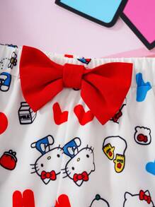 HELLO KITTY AND FRIENDS | SHEIN Tween Girl Cartoon Graphic Red Cute Sweet Top And Shorts Set - White - View 4