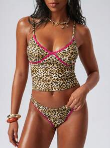 Swim EVENT 2pcs/Set Women Vintage Style Spaghetti Strap Leopard Print Red Frill Trim Crop Top And Tankini Swimwear Set For Summer Beach Vacation - Multicolor - View 1