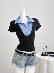 Muchica Women's Casual Patchwork Color Blocking Shirt 2 In 1 Fitted T-Shirt - Multicolor - View 6