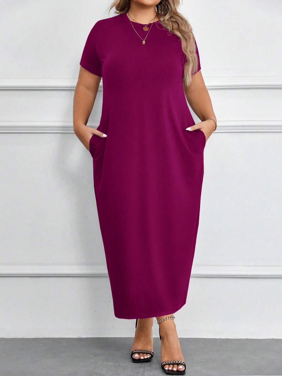 EMERY ROSE Plus Size Solid Color Short Sleeve Round Neck Casual Dress, Minimalist Style - Red Violet - View 1
