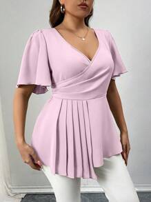 SHEIN Unity 大码纯色 V 领短袖衬衫，简约时尚，适合夏季