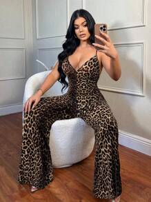SHEIN SXY Women's Leopard Print Deep V Backless Spaghetti Strap Jumpsuit Cheetah Print Animal Print