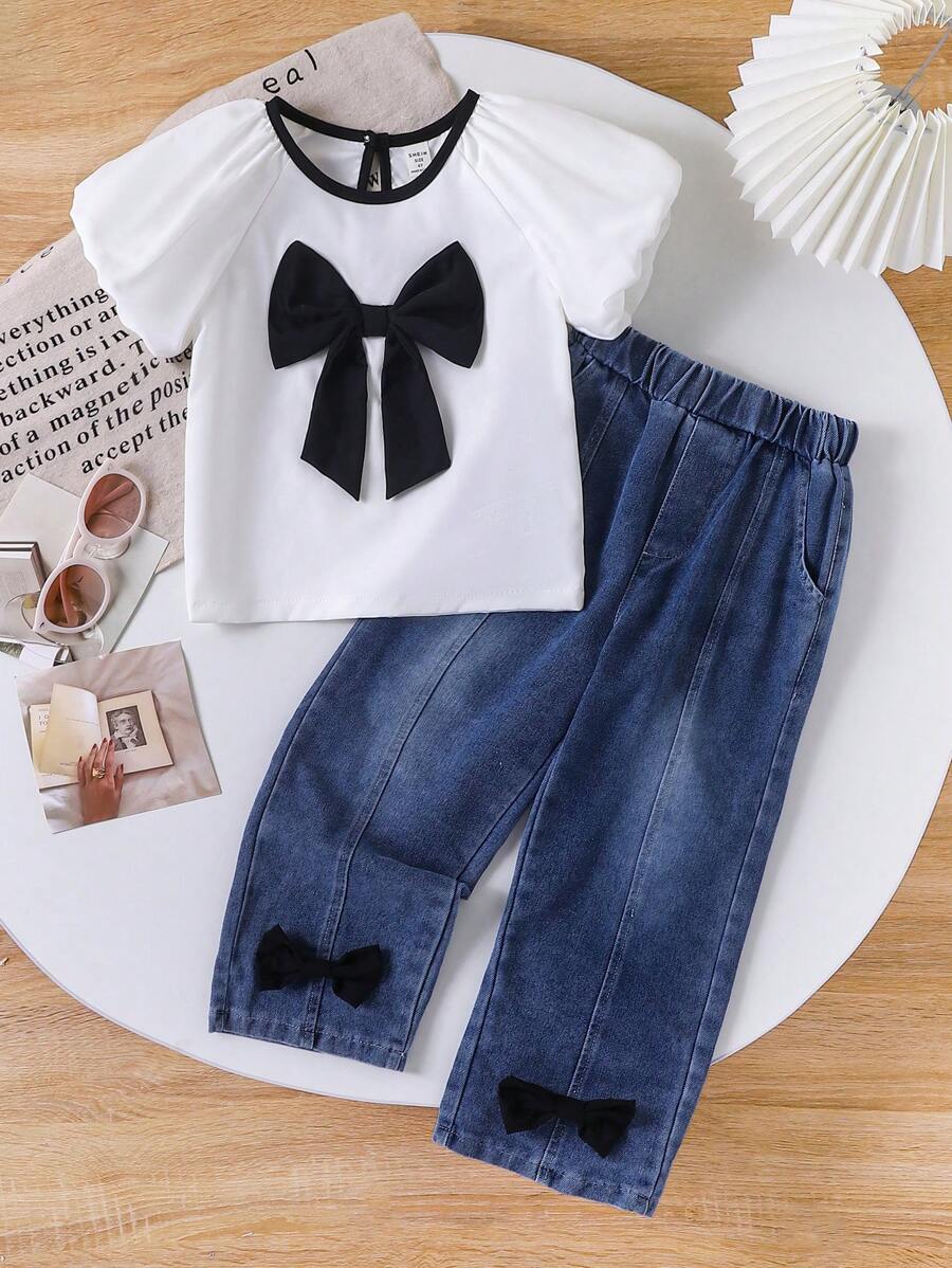 SHEIN 2 件装女童（幼儿）白色插肩袖蝴蝶结上衣和牛仔裤套装，夏季时尚休闲装 - 白色 - 查看 1