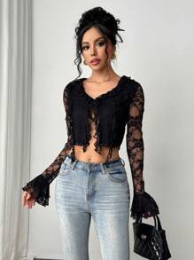 SHEIN Privé Versatile Lace Textured Black Blouse With Ruffle Trim & Ribbon,Elegant Women Night Out Summer Shirt, Western Club Wear,Old Money Style Cute Top - Black - View 3