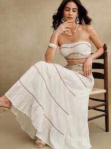 Anewsta Holiday Beach Trip Sequin Patchwork Halter Crop Top & Layered Skirt 2Pcs Set, Women Spring/Summer Vacation Outfits - White - View 1