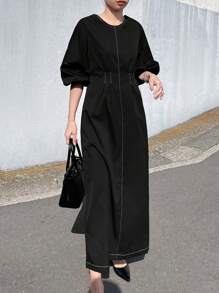 FRIFUL Women Solid Color Round Neck Lantern Sleeve Casual Long Dress Summer Beach Wear