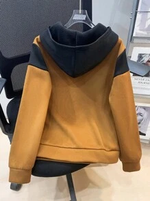 儿童/青少年男童休闲字母印花撞色卫衣，秋冬季 - 棕色 - 查看 2