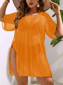 Swim Lushoire Plus Size Women Solid Color Round Neck Short Sleeve Slit Sides Cover-Up Dress For Summer Beach Vacation - Yellow - View 3