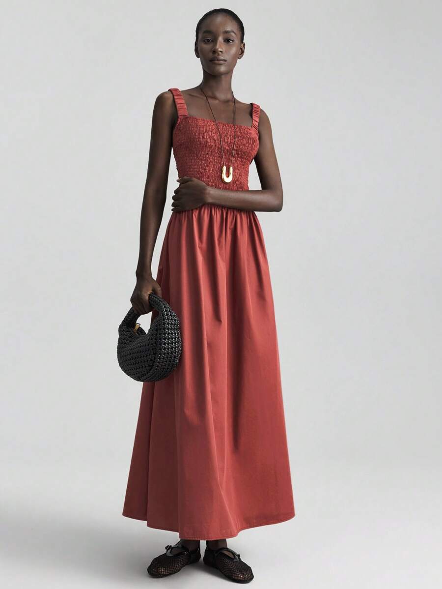 Ontre Váy dài hở lưng màu trơn 2025 dành cho nữ, thời trang mặc mùa hè, phong cách Bohemian, đảo Ibiza, váy đỏ - màu nâu - Xem 1