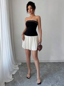 INAWLY 女式夏季撞色抹胸紧身休闲短裙 - 黑色 - 查看 5