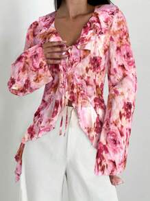 Firerie Women's Ruffled Tie-Up V-Neck Flare Sleeve Floral Print Chiffon Blouse, Fall Clothes