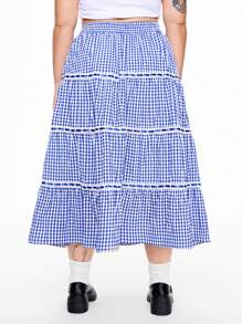 ROMWE Kawaii Conjunto de vacaciones para mujer con falda A-line plisada y con volantes, cinta a cuadros, talla grande