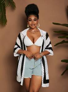 Maweii 大码女式黑白条纹镂空宽松休闲七分袖针织开衫 - 黑與白 - 查看 4