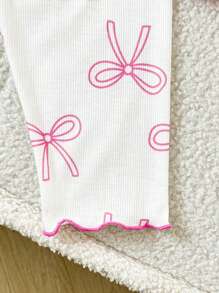 SHEIN Vintaside Kids 2 件装婴儿/幼儿可爱甜美时尚休闲舒适柔软针织蝴蝶结图案撞色罗纹设计圆领短袖 T 恤上衣和紧身裤套装，粉色 OOTD，适合春夏室内外穿着 - 白色 - 查看 6