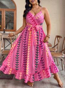 Breezaya Plus Size Print Cinched Waist Sleeveless Maxi Dress, Casual Vacation Summer Style