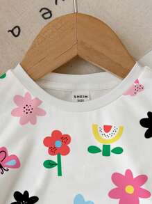 SHEIN 可爱花卉、蝴蝶、彩虹印花休闲简约女婴短袖圆领上衣，适合夏季 - 彩色 - 查看 4