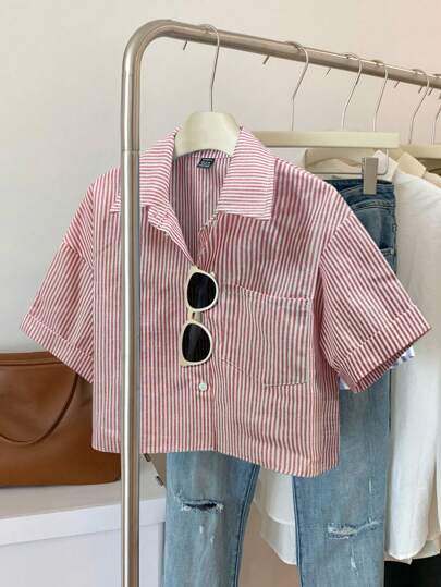 Elamini Striped Cropped Relaxed Casual Women Oversized Cuffed Sleeve Blouse, Linen Texture Women Shirt