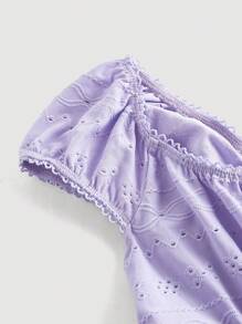 SHEIN MOD 盖袖收胸收腰镂空刺绣 T 恤 - 紫丁香色 - 查看 4