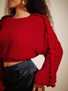 Vixey Plisse Ruffle Detail Long Sleeve Crop Blouse, Spring Outfits, Summer Outfits For Women, Easter Outfits - Red - View 5