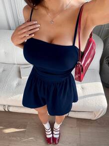 Flirla 1 tuta nera da donna, estiva/primaverile, con bretelle, plissettata, aderente, tuta corta da donna