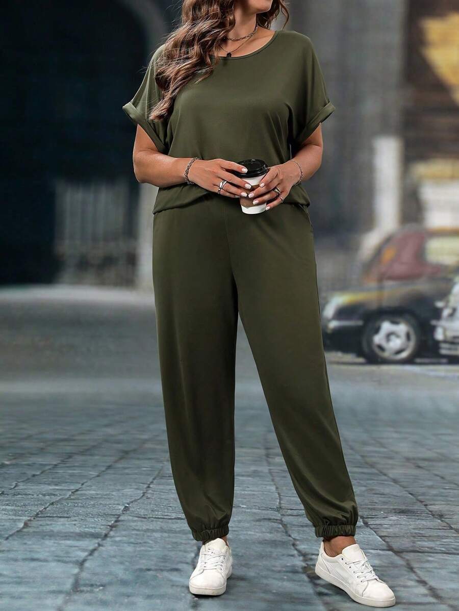 SHEIN CURVE+ 2pcs/Set Plus Size Women Solid Color Knit Top And Pants Casual Set, Spring/Summer - Army Green - View 1