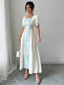 Elenzga Elegante vestito lungo da donna con scollo quadrato, coulisse e tessuto jacquard